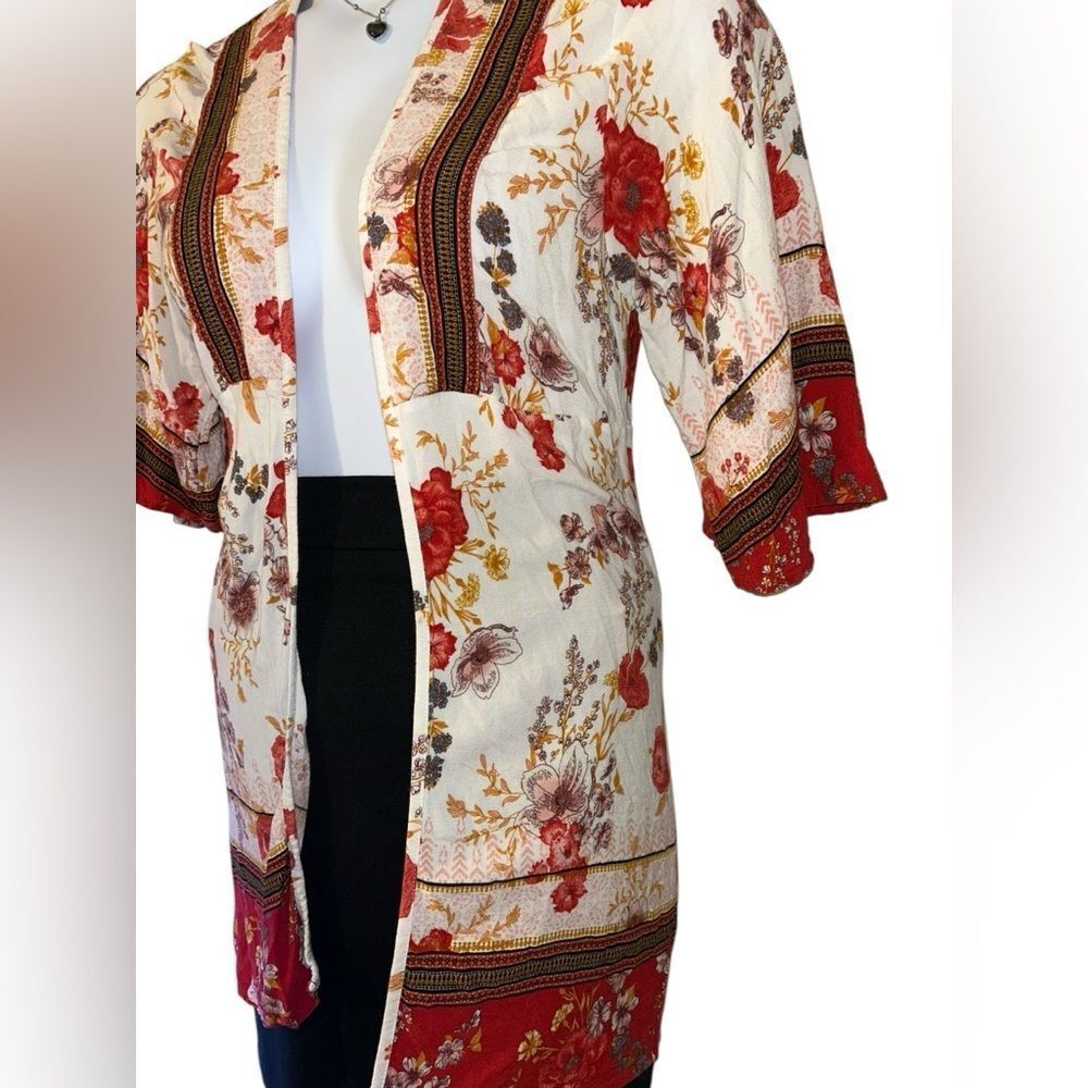 Knox Rose Cream & Red Floral Boho Open Kimono Cardigan - Size XS - Picture 9 of 10